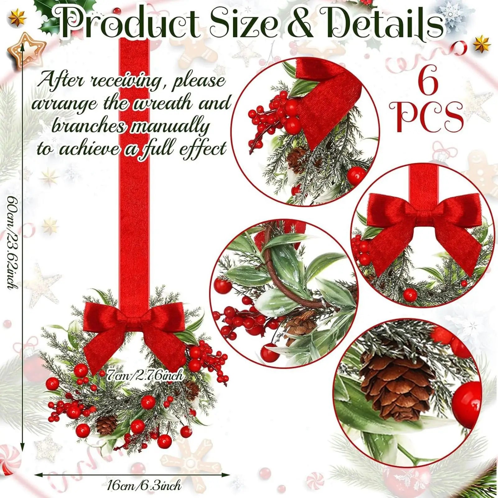 6pcs Christmas Mini Wreaths Window Door Hanging Ribbon Bows Red Berries Christmas Party Home Decorations 2025 Xmas Navidad