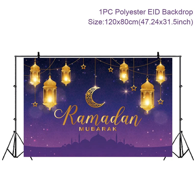 Ramadan Kareem Backdrop Photo Booth Background With Moon Star Castle Pattern Eid Mubarak Background for Backyard Al-fitr Gift