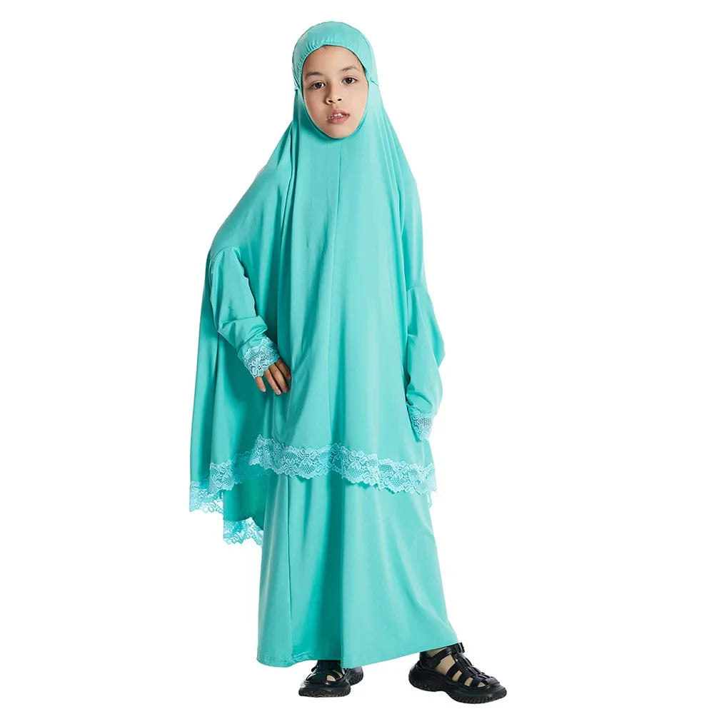 Muslim Kids Girls Hijab Dress Ramadan Khimar Skirt Set Overhead Eid Prayer Garment Burqa Abaya Robe Kaftan Hooded Gown