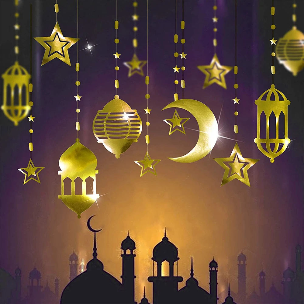 Gold Star Crescent Moon Lantern Ramadan Garland EID Decoration Happy Ramadan Mubarak Party Decor  Islamic Nights Party Supplies