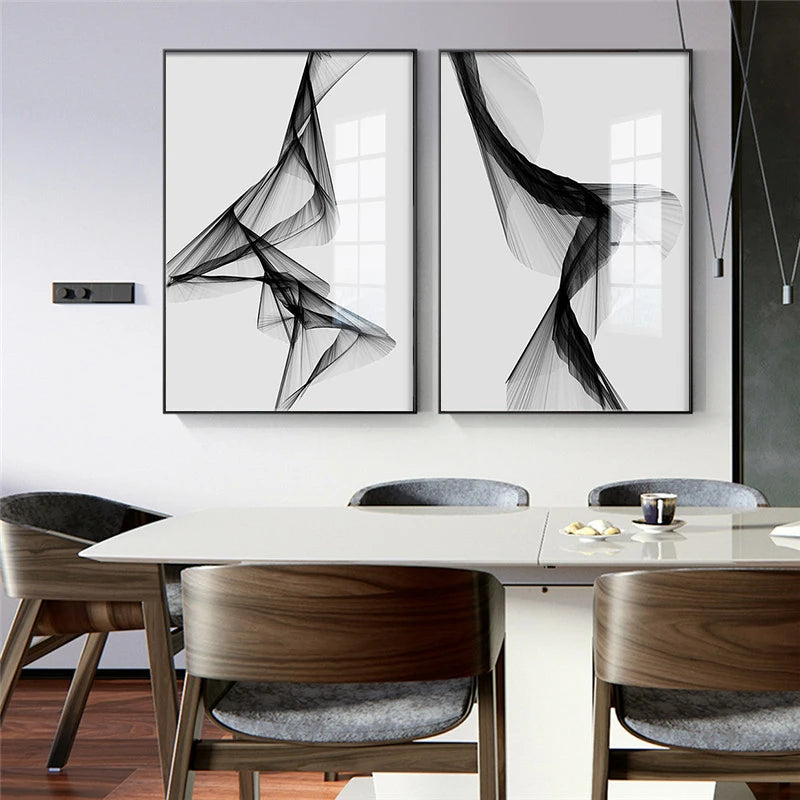 Modern Nordic Black and White Abstract Line Art Canvas Painting Wall Art Poster Living Room Picture Home Decoration Frameless