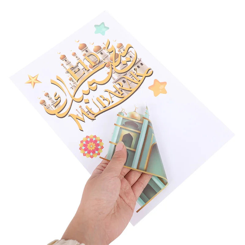 9pcs Eid Mubarak Window Stickers Islamic Muslim Party Supplies Ramadan Kareem Decoration for Home Eid Al-fitr Gifts