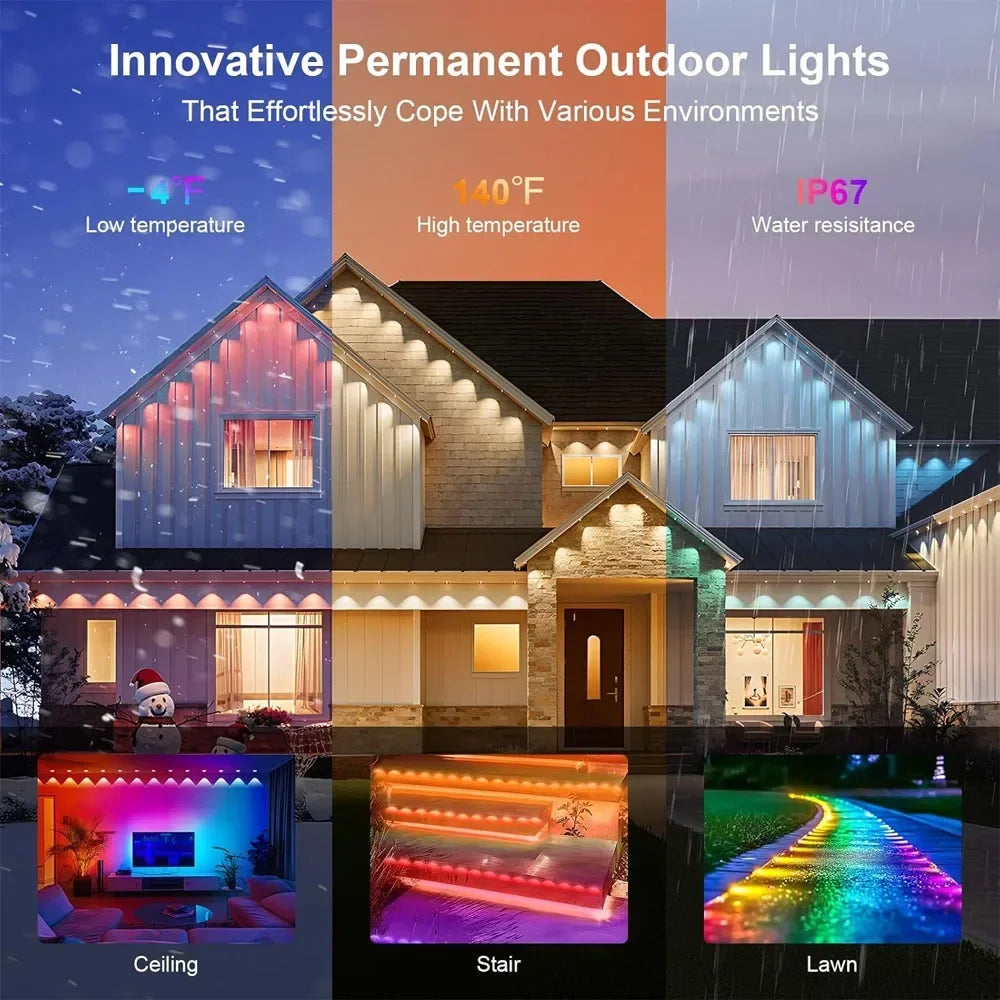 300FT Permanent Outdoor RGB Lights IP67 Waterproof Smart Eave Light DIY Scenes for House Roof Decor Christmas Holiday Daily