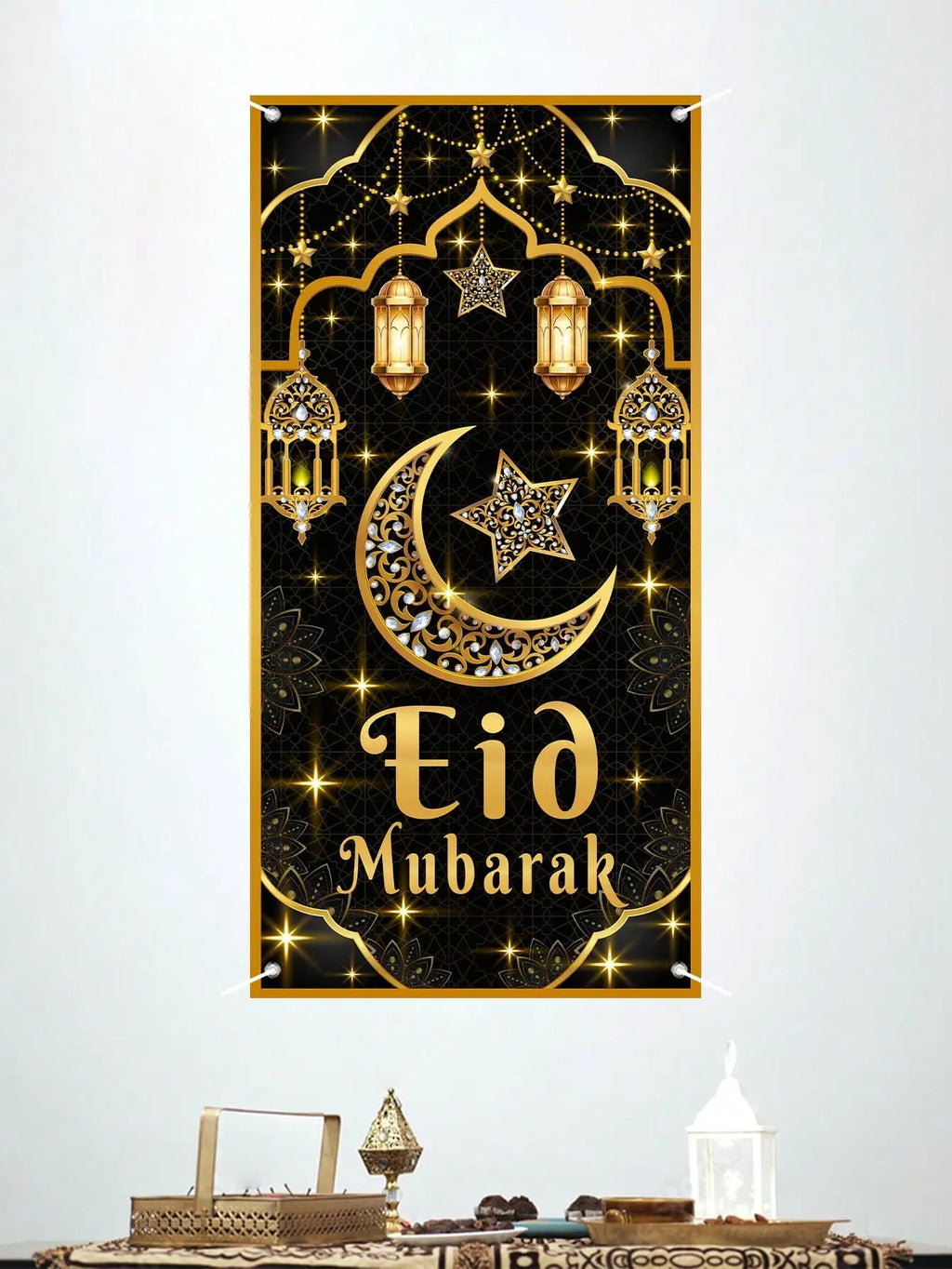 1 Piece Eid Mubarak Door Curtain Black Gold Star and Moon Lantern Decoration Hanging Curtain Islamic Style Festival Door Decoration Hanging Cloth