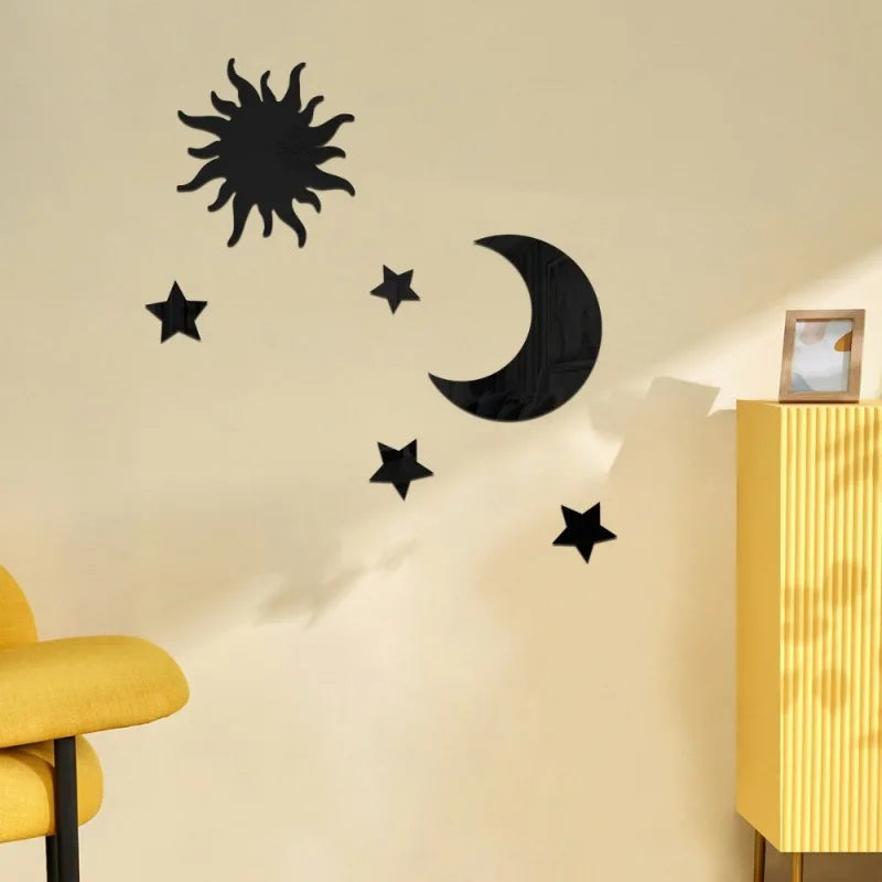 6pcs Star & Moon Combination Mirror Wall Sticker for Bedroom and Living Room - Ramadan Kareem, Holiday, Birthday Party Supplies,