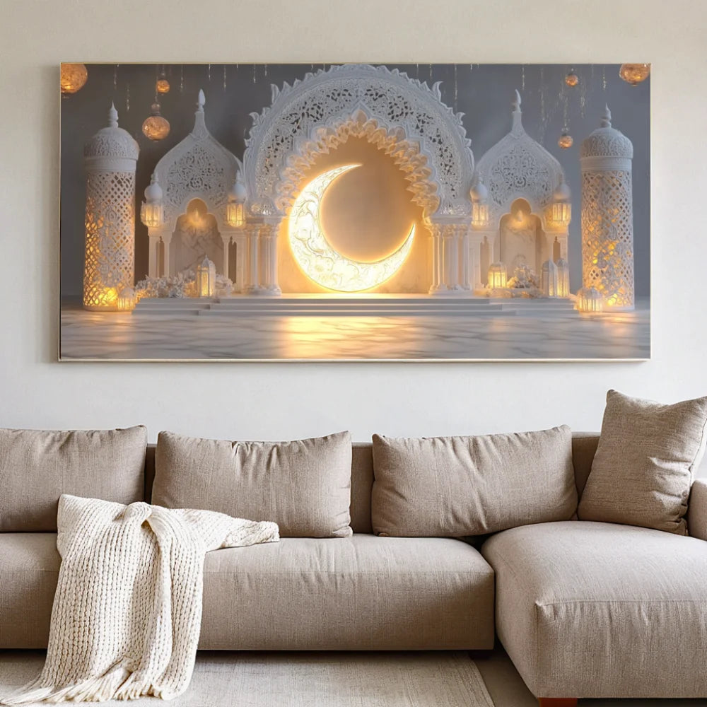 Golden Moon Eid Mubarak 2025 Decor Banner Background Lights Ramadan Kareem Islamic Building Muslim House Party Photo Backdrop