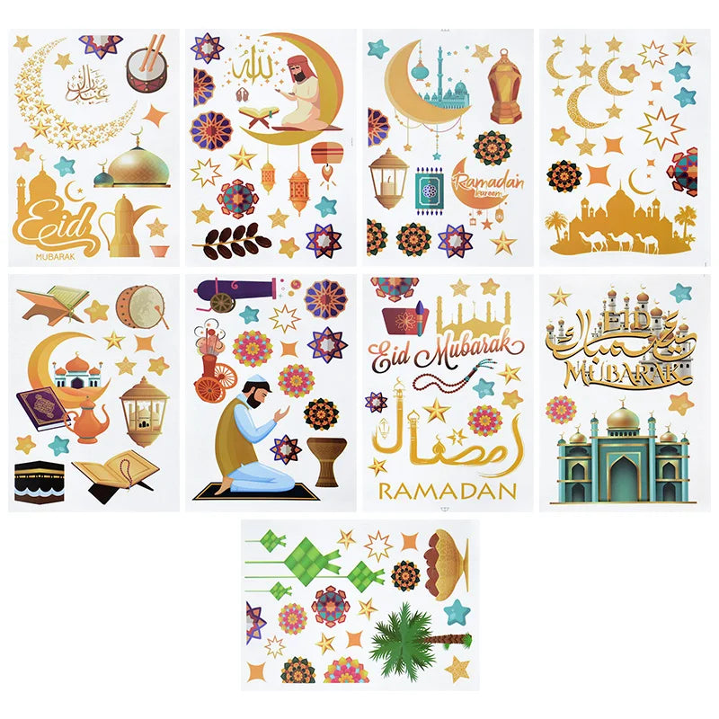 Eid Mubarak Ramadan Decorative Stickers 9pcs Islamic Patterns Self-Adhesive For Wall Window Gift Packaging Party Decor Supplies