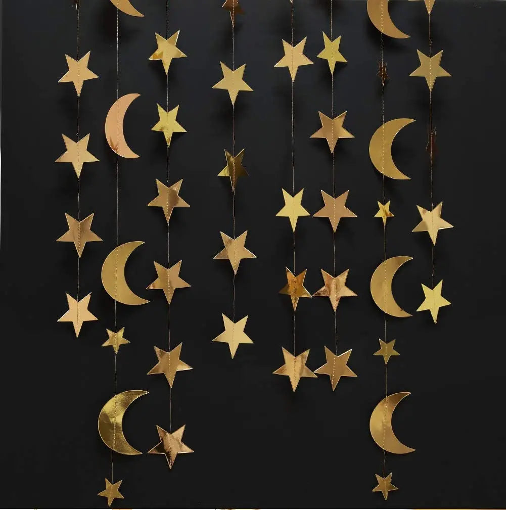Gold Eid Mubarak Ramadan Decor Paper Star Moon Circle Dot Crescent Lamp Garland for Home Muslim Party Backdrop Banner Decoration