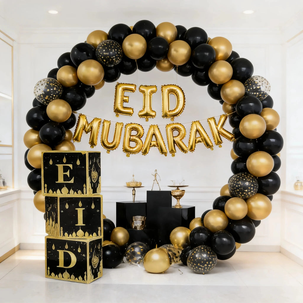 72-Piece Eid Balloon Arch Kit - Black and Gold Moon and Star Balloons, Festive Ramadan Decorations, Suitable for Muslim Party Backdrops