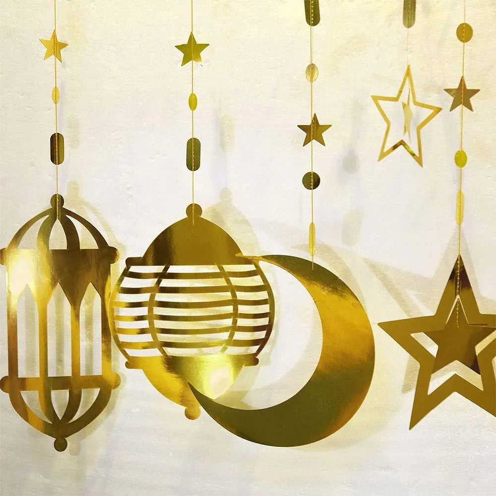 Gold Star Crescent Moon Lantern Ramadan Garland EID Decoration Happy Ramadan Mubarak Party Decor Islamic Nights Party Supplies