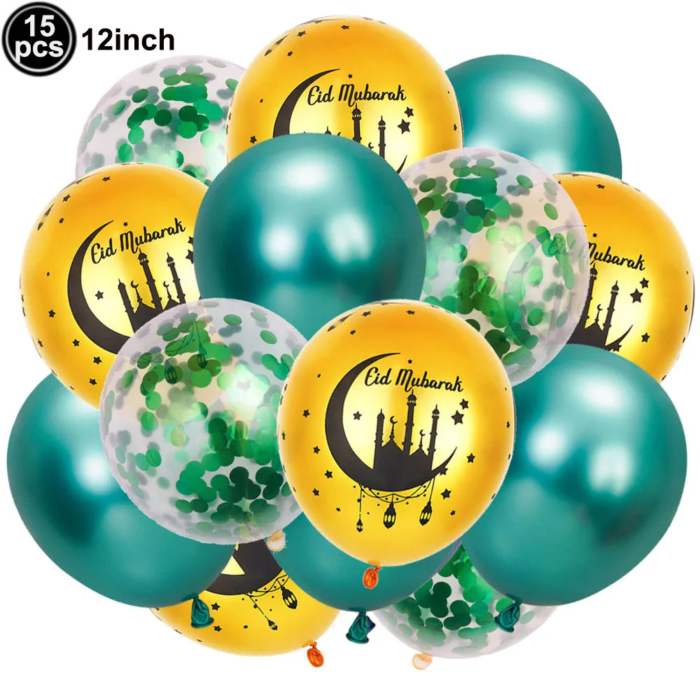 12inch Eid Mubarak Party Decorations Happy Eid al-Fitr Latex Balloons Gold Purple Black Moon Castle Print Confetti Balloons