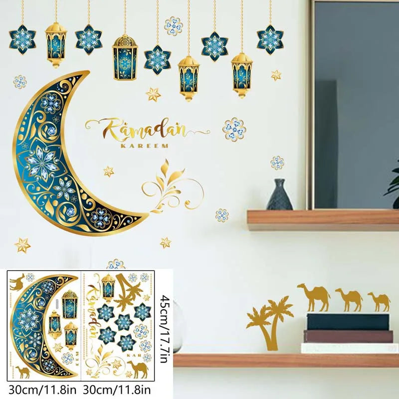 Ramadan Kareem Wall Stickers Moon Star Lantern Wall Decal 2024 Eid Mubarak Decorations for Home Muslim Islamic Party Decorations