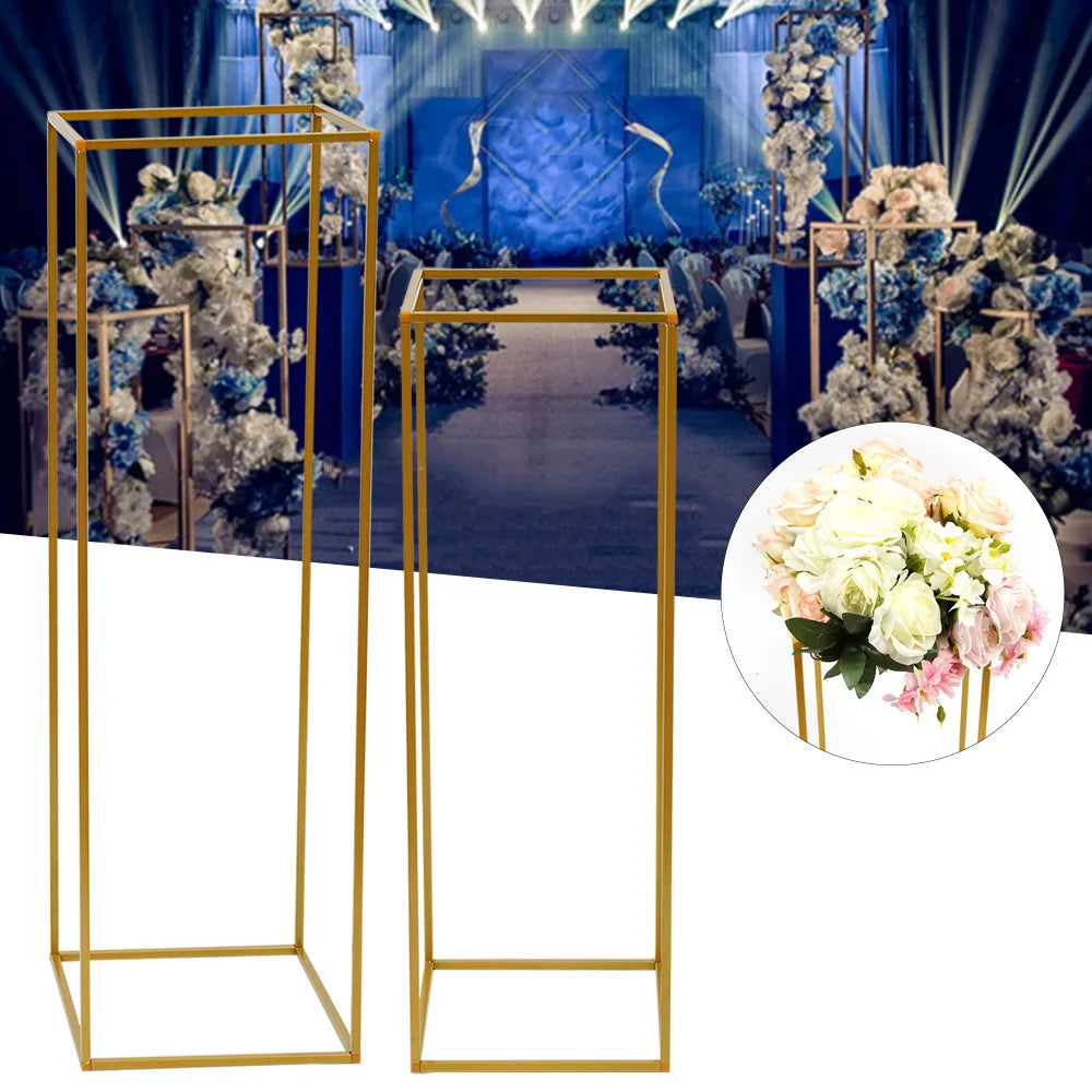 2Pcs Tabletop Flower Stands Metal Square Floral Decor Vase Floor Column Holder Gold Display Rack Road Guide for Wedding Party