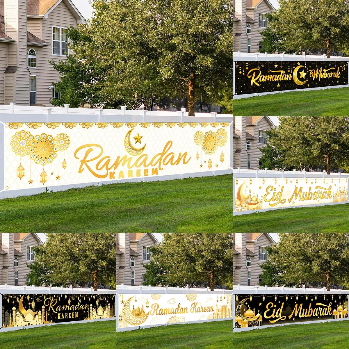 Eid Mubarak Backdrop Moon Star Castle Pattern Ramadan Decorations Banner for Home Islamic Muslim Party Supplies Eid Al-fitr Gift