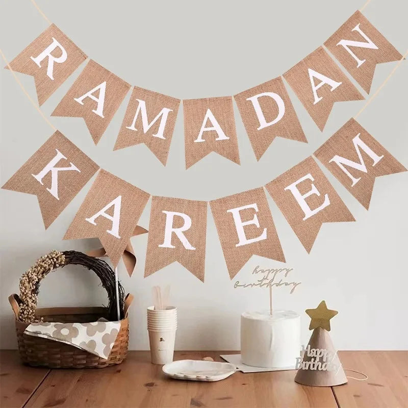1set linen Eid Mubarak Banner Ramadan Kareem Banners Eid al-Fitr Decorations Star Moon Eid Mubarak Decorations Banners