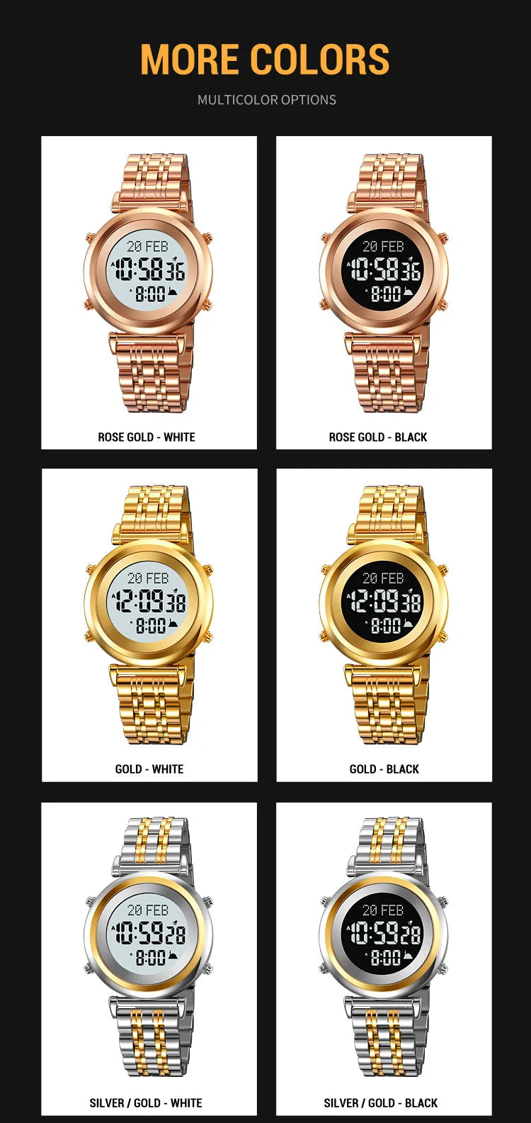 Muslim Azan Digital Watch Mens Back Light Waterproof Steel Hijri Islamic Wristwatch Prayer Qibla Compass Alarm Clock
