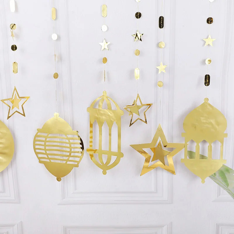 Ramadan Gold Silver Star Moon Lantern Hanging Streamer Garland Eid Mubarak Home Decoration 2025 Muslim Islamic Party Supplies
