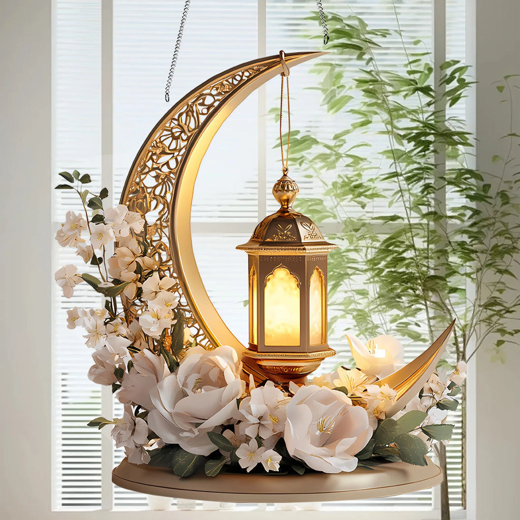 1Pcs Ramadan Golden Moon Hanging Decoration with Lighted Lantern Floral Decoration Eid Al-Fitr Islamic Style Hanging Ornament