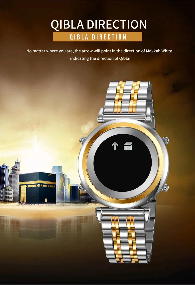 Muslim Azan Digital Watch Mens Back Light Waterproof Steel Hijri Islamic Wristwatch Prayer Qibla Compass Alarm Clock