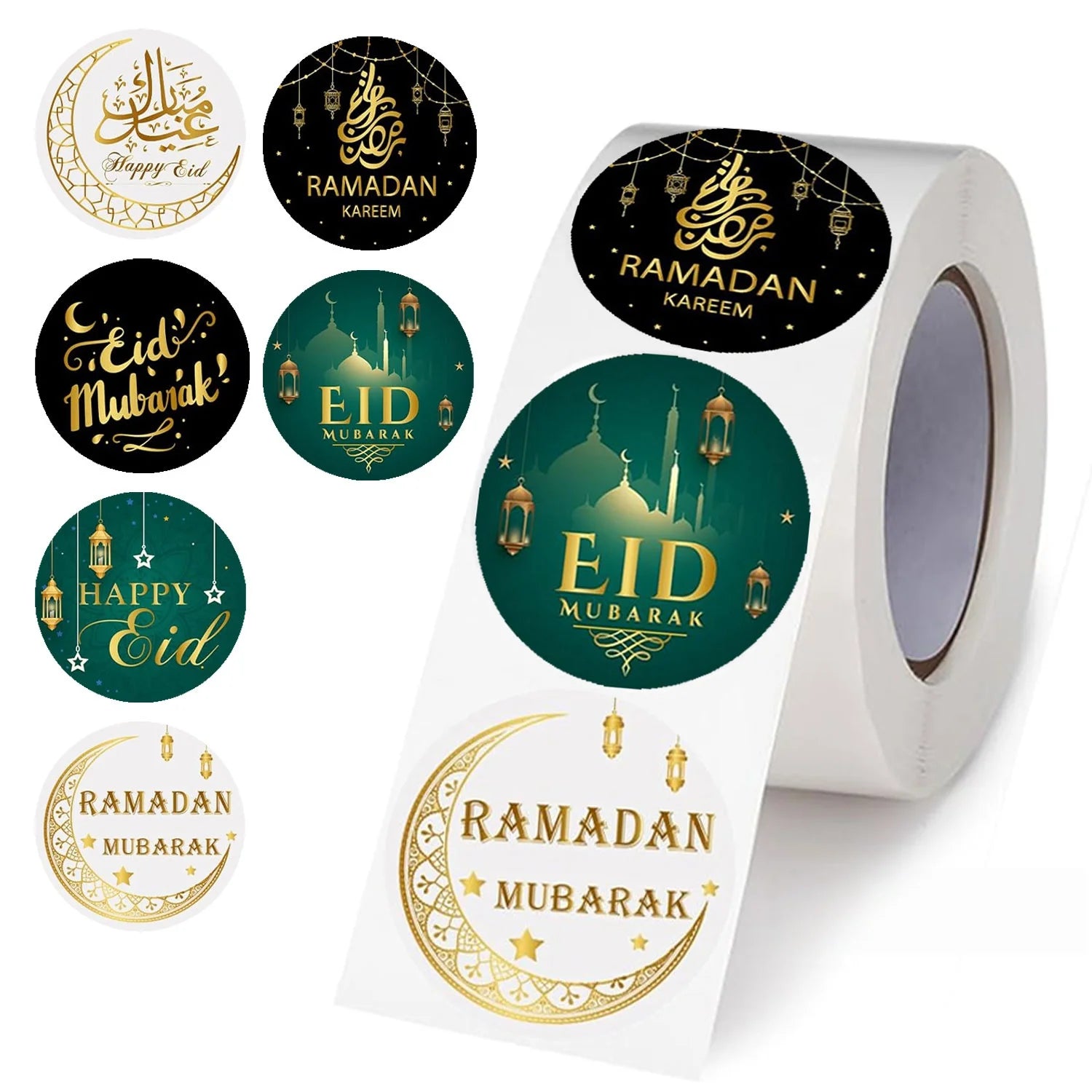 500pcs/roll Middle East Ramadan Stickers Arabic Eid Moon Oil Lamp Gift Envelope White Green Gold Seal Stickers Southeast Asia