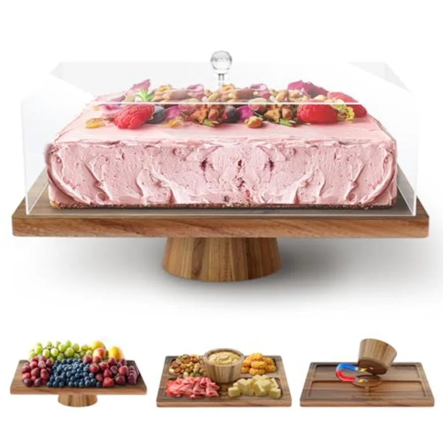 Acacia Wood Cake Stand with Lid, 3 in 1 Rectangular Cake Holder, Wooden Cake Plate with Strong lagnetic Base, Dessert Table Disp