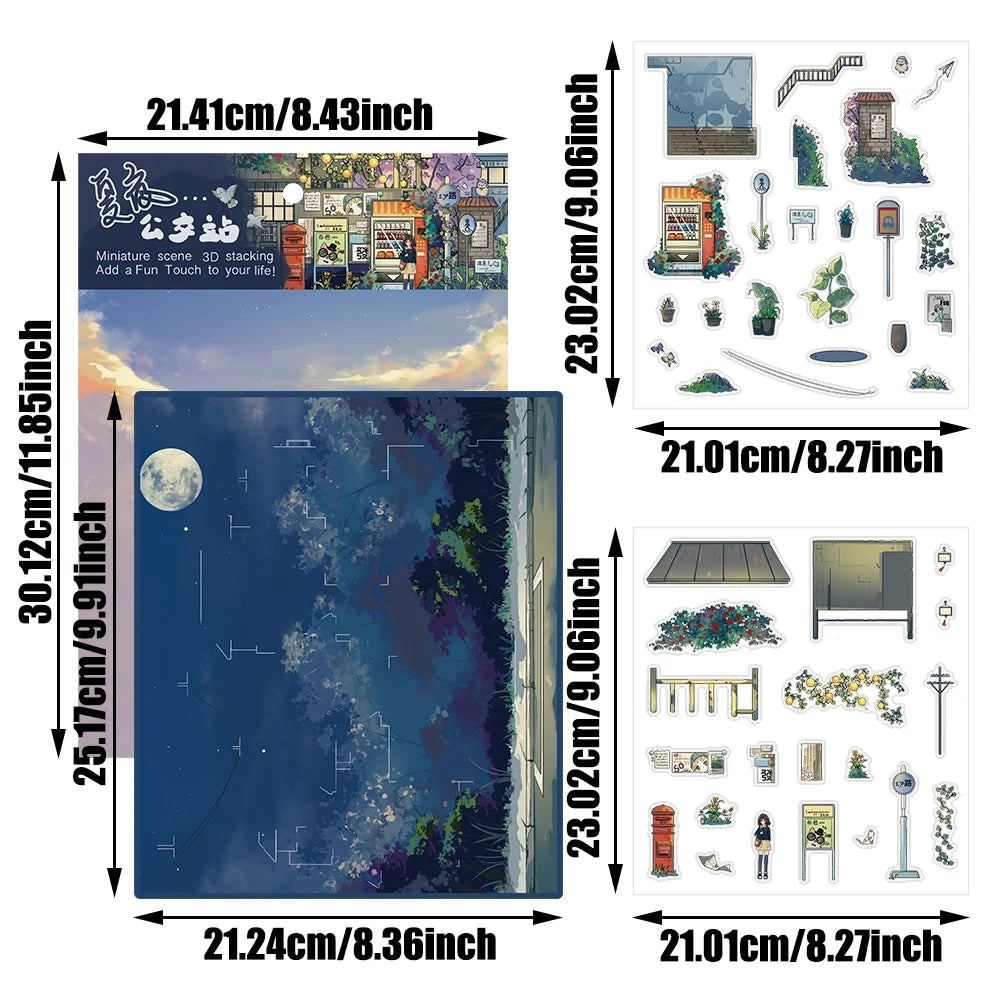 1 Set Miniature Scene DIY Stickers Summer Night Bus Stop Kit Desk Bookcase Decor Casual Play Toy For Art Lovers Holiday Present