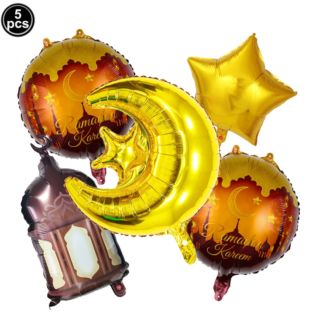 5pcs Eid Mubarak Balloons Decors Ramadan Lantern Moon Star Shape Moon Castle Pattern Foil Balloons Islamic Muslims Party Supplie