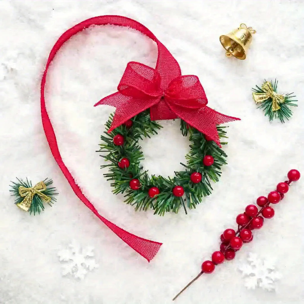 1pcs Christmas Kitchen Cabinet Wreaths with Ribbon Red Berry Mini Wreaths for Christmas Party Window Door Plastic Classic Wreath