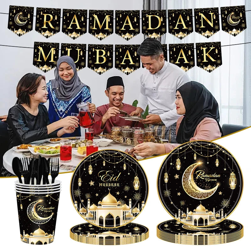Ramadan Tableware Decorations Moon Star Party Supplies Hanging Cloth Eid Mubarak Banner Eid Plates Cups Tableware Decorations