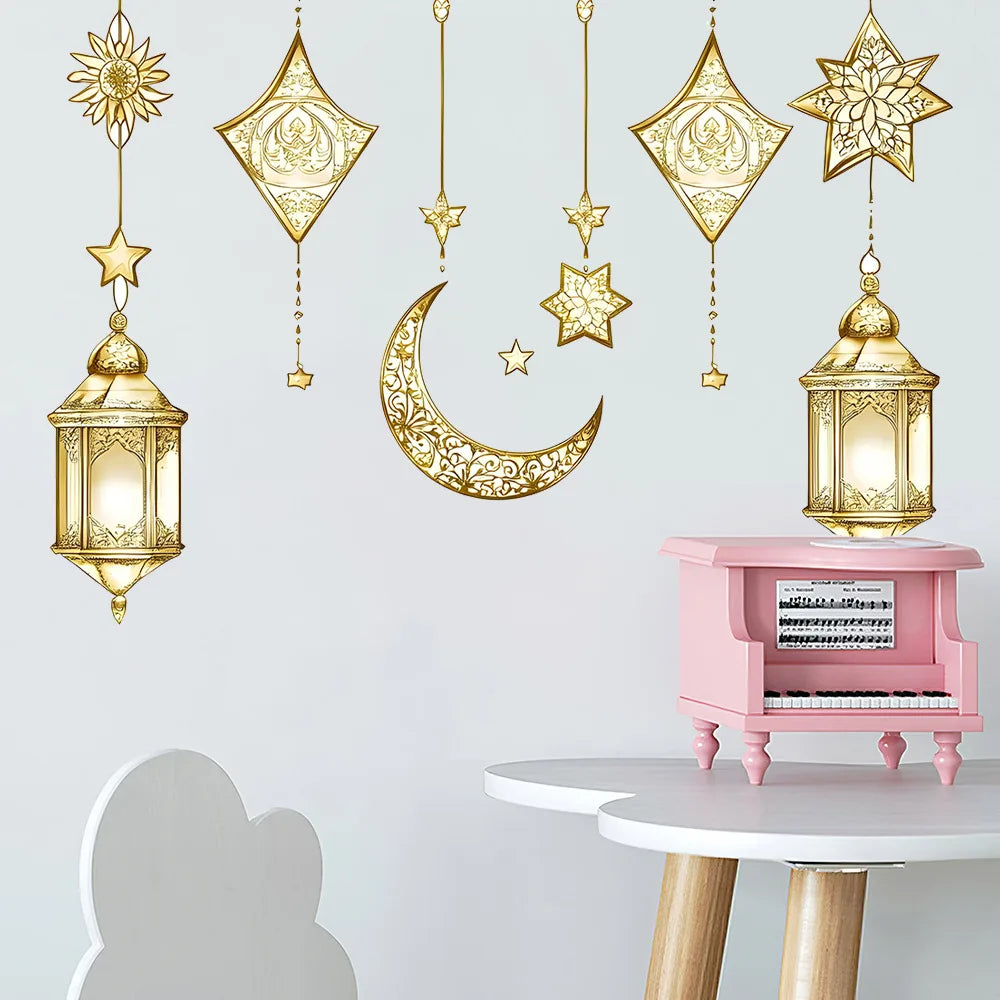 Eid Mubarak Wall Stickers Star Moon Lantern Ramadan Kareem Wall Decals Muslim Islamic Window Sticker Decorations