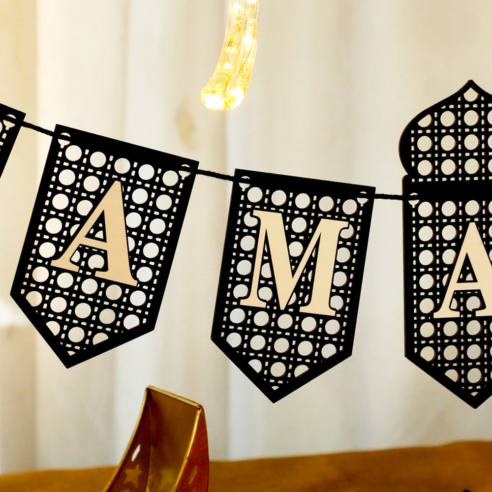 Ramadan Mubarak Banner Hollow Lantern Hanging Garland for Islamic Muslim Eid Festival Home Party Ornament Wall Decor Supplies