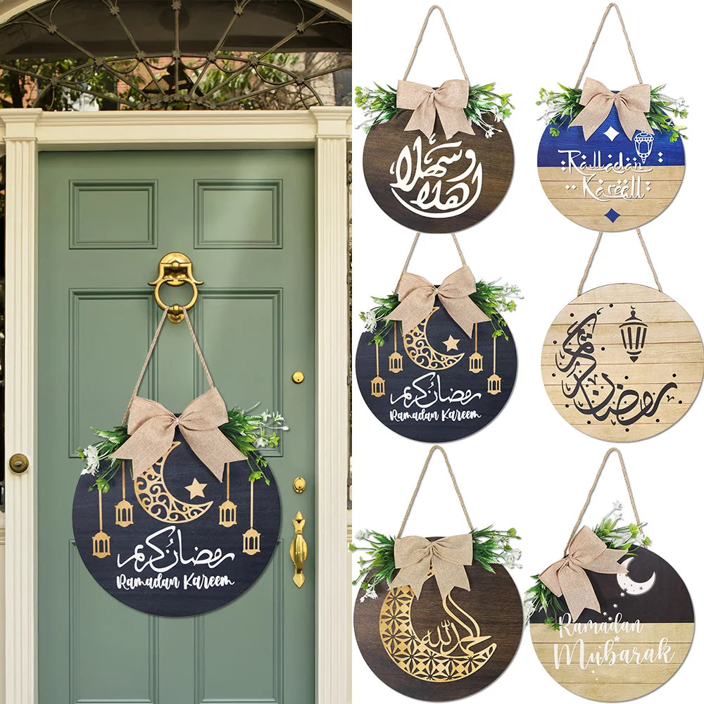 Elegant Ramadan Kareem Wreath Wooden Sign Eid Mubarak Door Hanger Plaque Wall Door Islam Eid Mubarak Muslim Home Window Decor