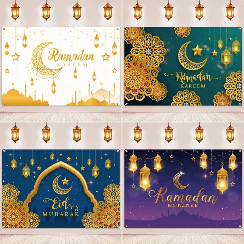 Ramadan Kareem Backdrop Photo Booth Background With Moon Star Castle Pattern Eid Mubarak Background for Backyard Al-fitr Gift