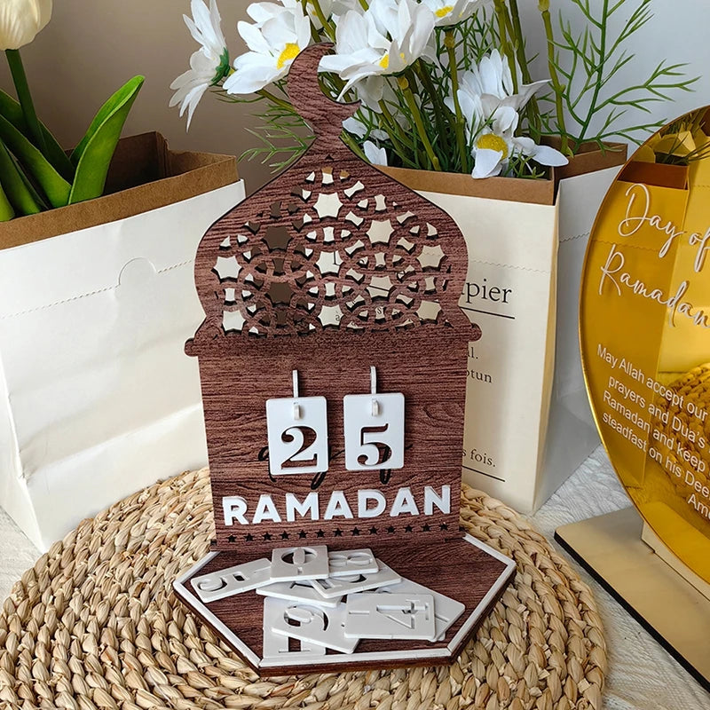 Ramadan Countdown Calendar Wooden Acrylic Castle Shaped Muslim Party Countdown Calendar 2026 Eid al Fitr Desktop Decoration