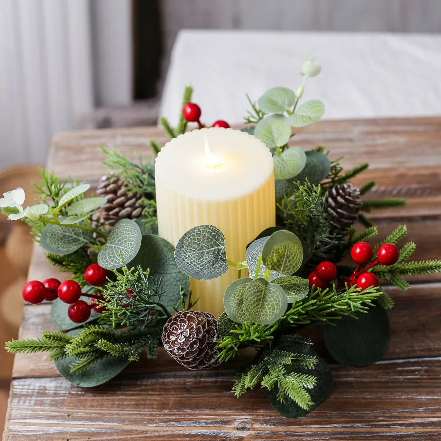 Red Berry Wreath Classic Candle Holder Decorative Ring Festive Pinecone Decoration For Table Decor Holiday Gathering Christmas