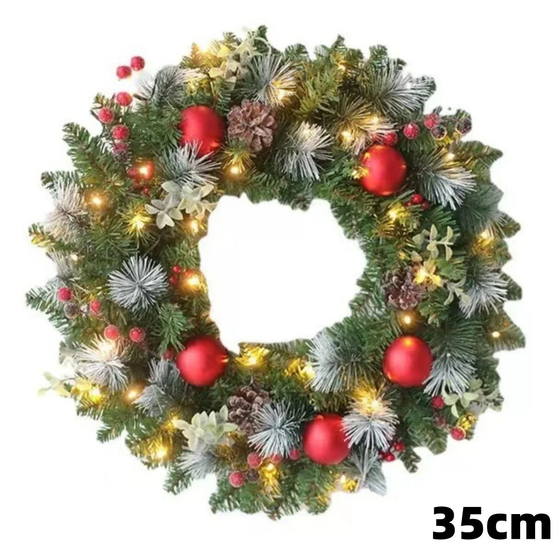 Christmas Wreaths For Front Door With String Lights 35/40cm Christmas Door Wreath With Artificial Pinecone Red Berry Home Decor