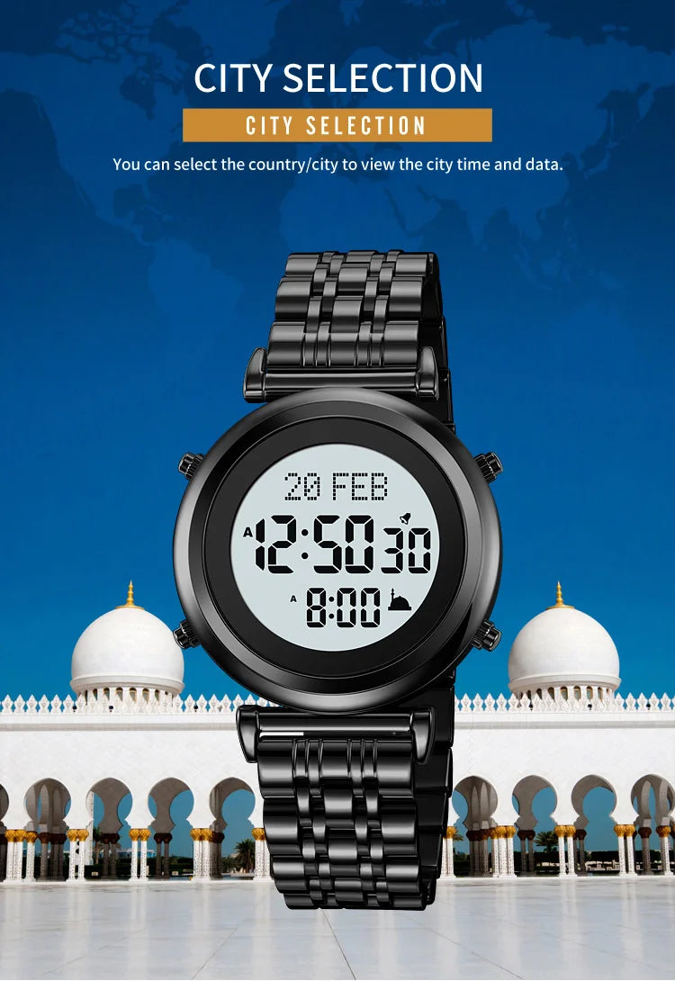 Muslim Azan Digital Watch Mens Back Light Waterproof Steel Hijri Islamic Wristwatch Prayer Qibla Compass Alarm Clock
