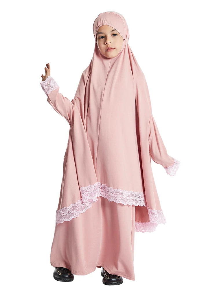 Muslim Kids Girls Hijab Dress Ramadan Khimar Skirt Set Overhead Eid Prayer Garment Burqa Abaya Robe Kaftan Hooded Gown