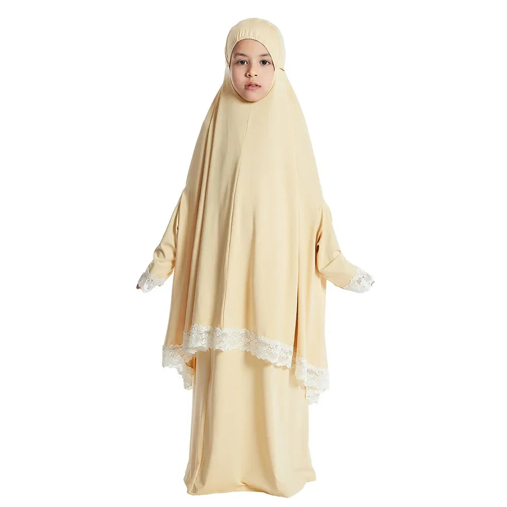Muslim Kids Girls Hijab Dress Ramadan Khimar Skirt Set Overhead Eid Prayer Garment Burqa Abaya Robe Kaftan Hooded Gown