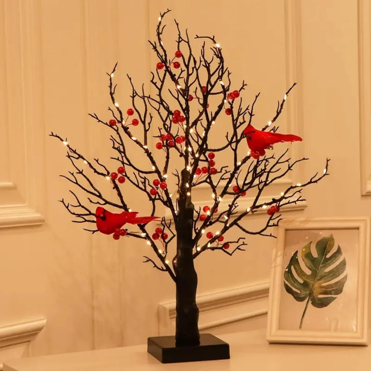 1pc 60 LED Black Artificial Birch Lighting With Red Berry And Bird Parrots Battery Operated Tabletop Mini Artificial Tree Lamp