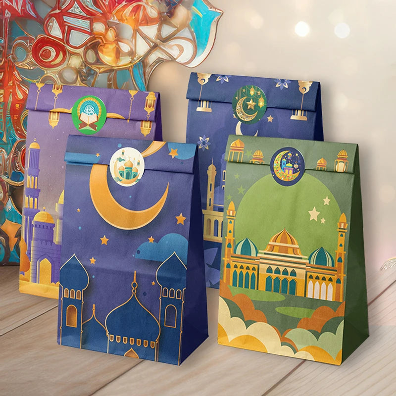 12/24Pcs Ramadan Party Decoration Eid Mubarak Gifts Bag with Stickers Gift Packaging Bags 2026 Islamic Muslim Party Supplies