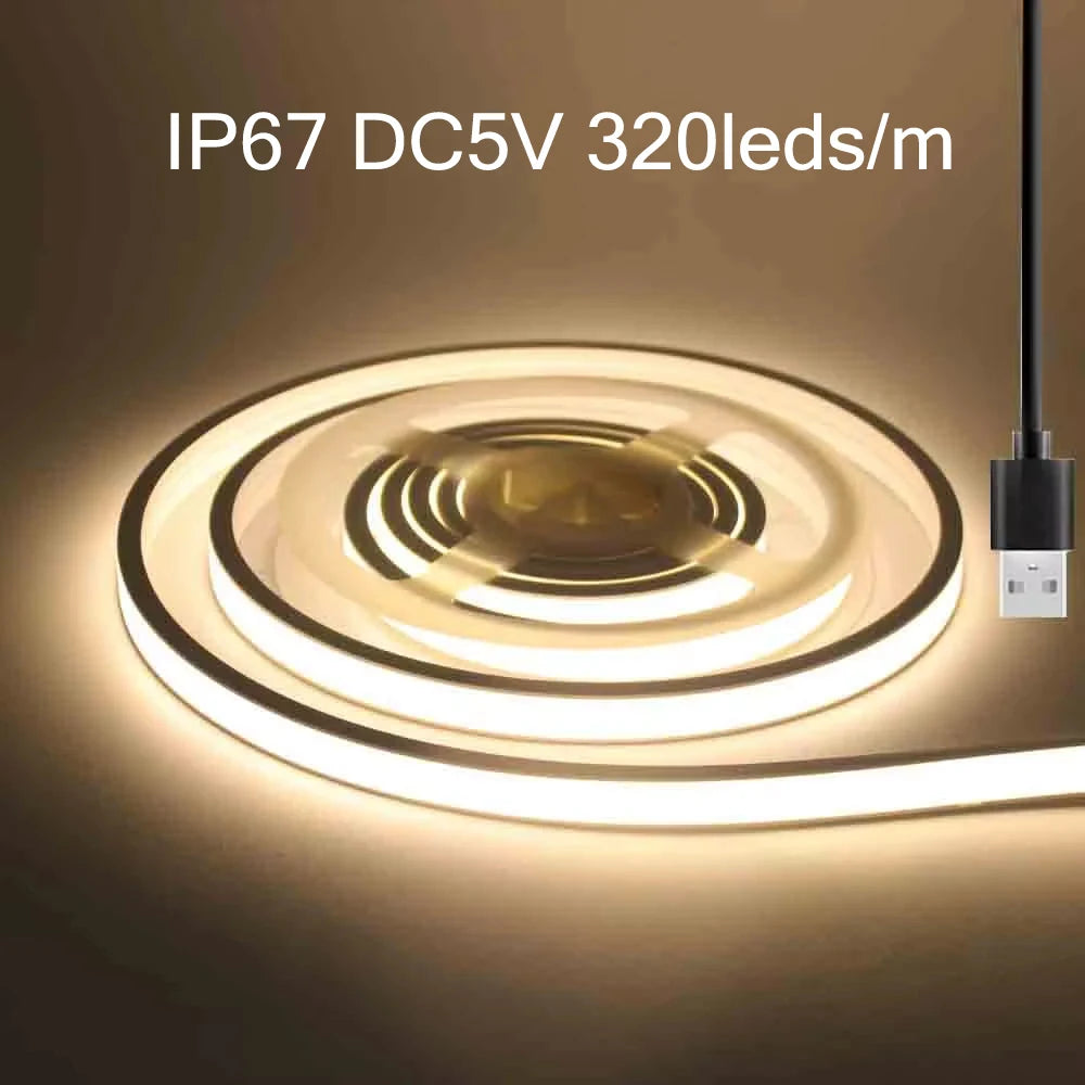 5V USB COB LED Strip Neon Light High Brightness 320 LEDs/M IP67 Waterproof Flexible Ribbon Tape for Garden Bedroom TV BackLight