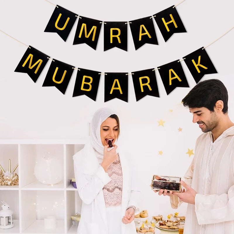 Umrah Mubarak Banners EID Mubarak Decoration 2025 for Home Bunting Banner Ramadan Kareem Islamic Muslim Party Eid Al Adha Gifts