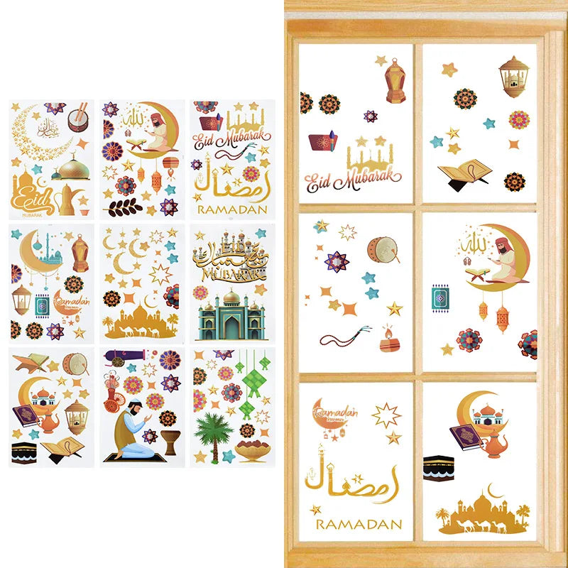 Eid Mubarak Ramadan Decorative Stickers 9pcs Islamic Patterns Self-Adhesive For Wall Window Gift Packaging Party Decor Supplies