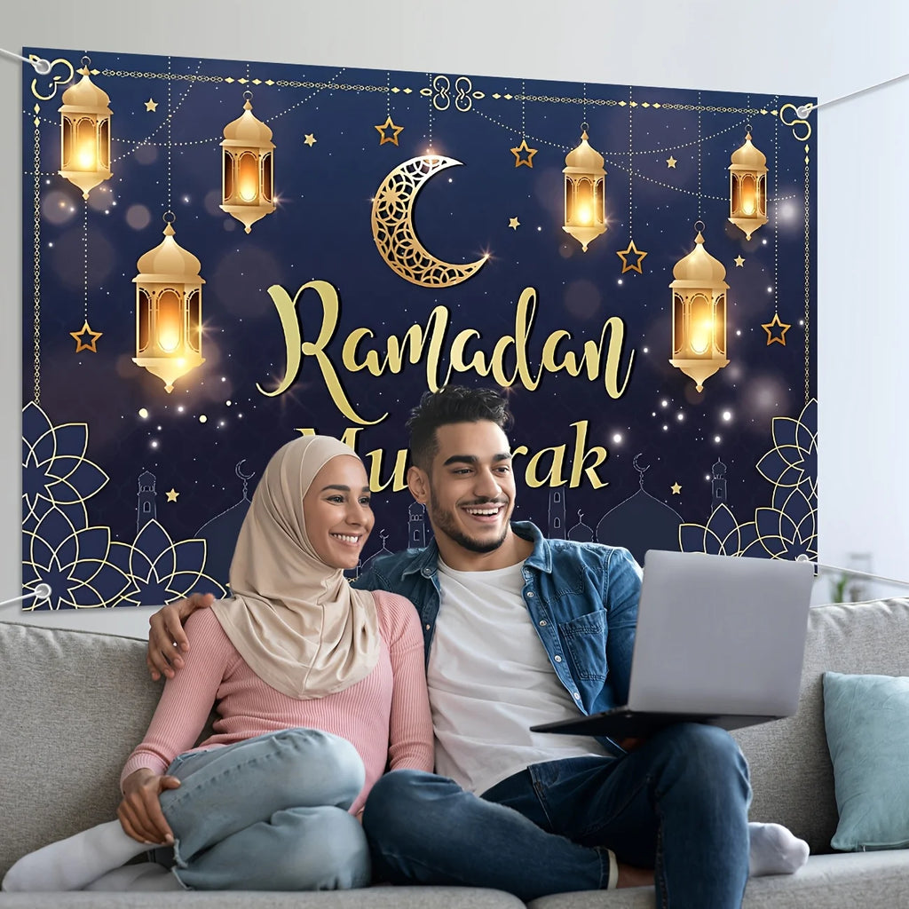 1pc Ramadan Mubarak Banner Blue polyester Eid al-Fitr indoor/outdoor decoration, festival hanging for family gatherings