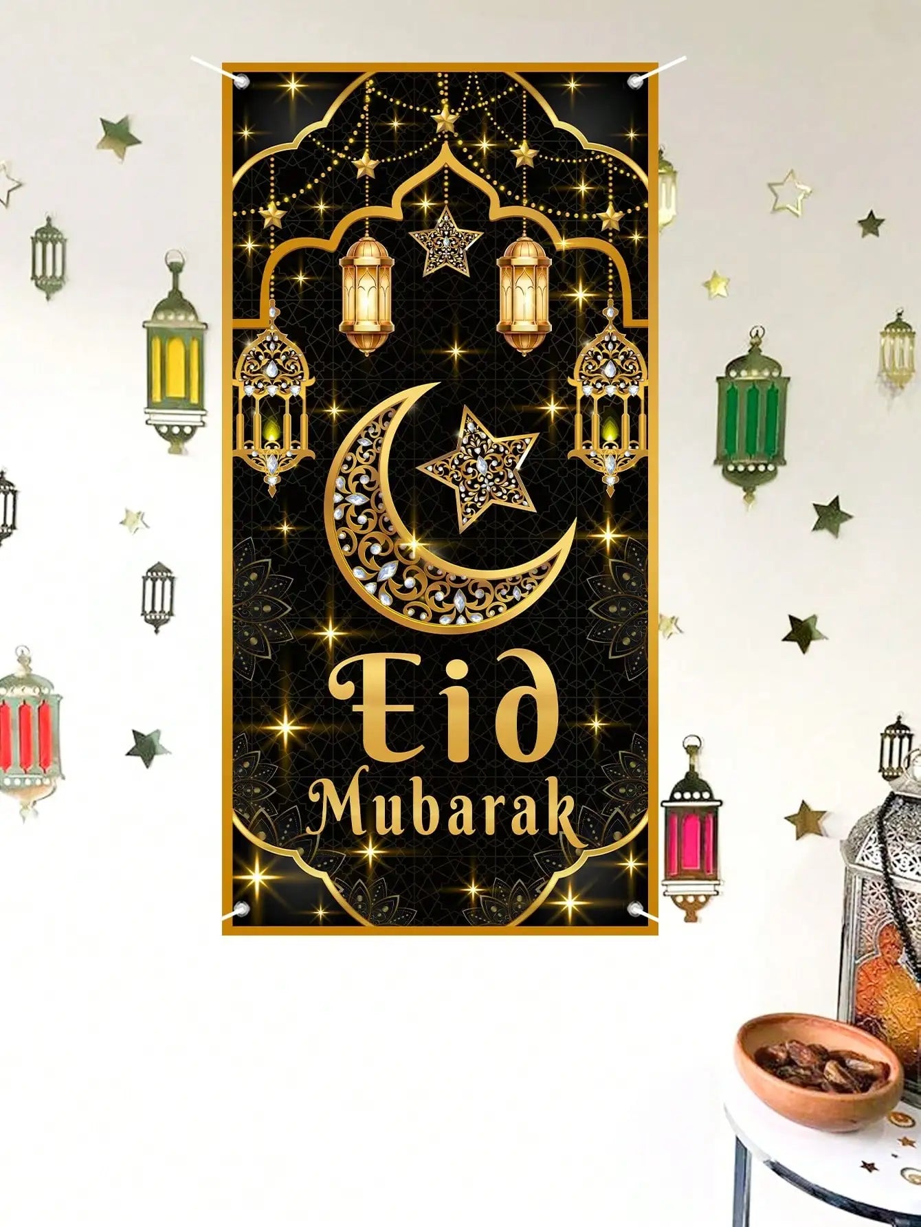 1 Piece Eid Mubarak Door Curtain Black Gold Star and Moon Lantern Decoration Hanging Curtain Islamic Style Festival Door Decoration Hanging Cloth