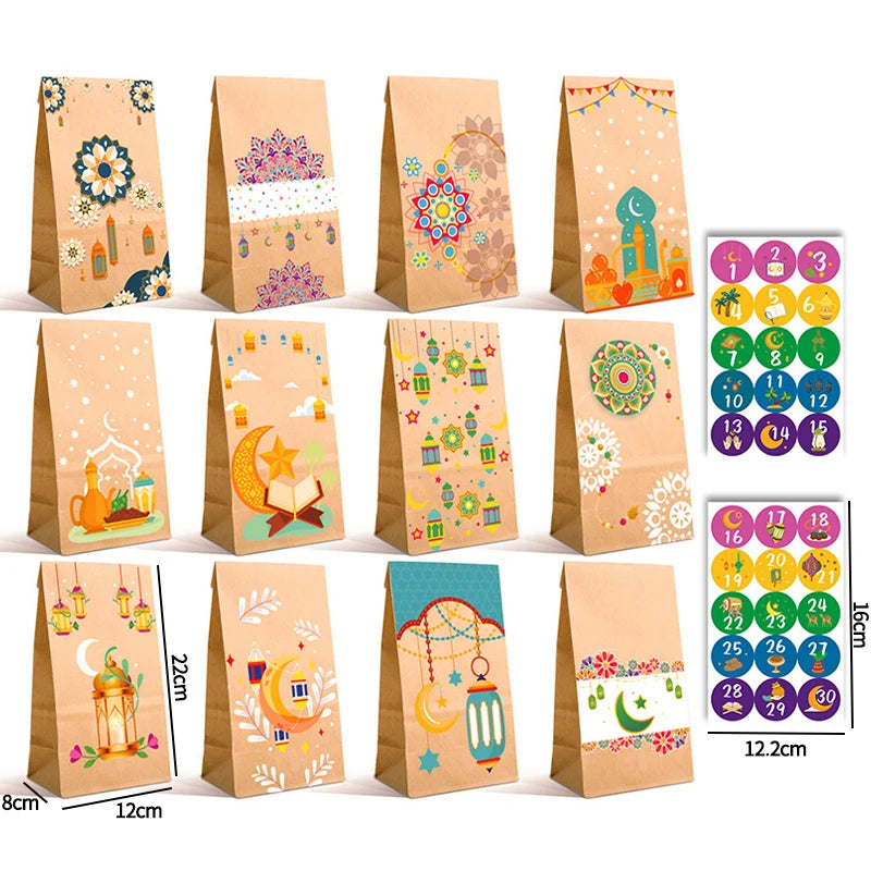 12/24Pcs Ramadan Party Decoration Eid Mubarak Gifts Bag with Stickers Gift Packaging Bags 2026 Islamic Muslim Party Supplies