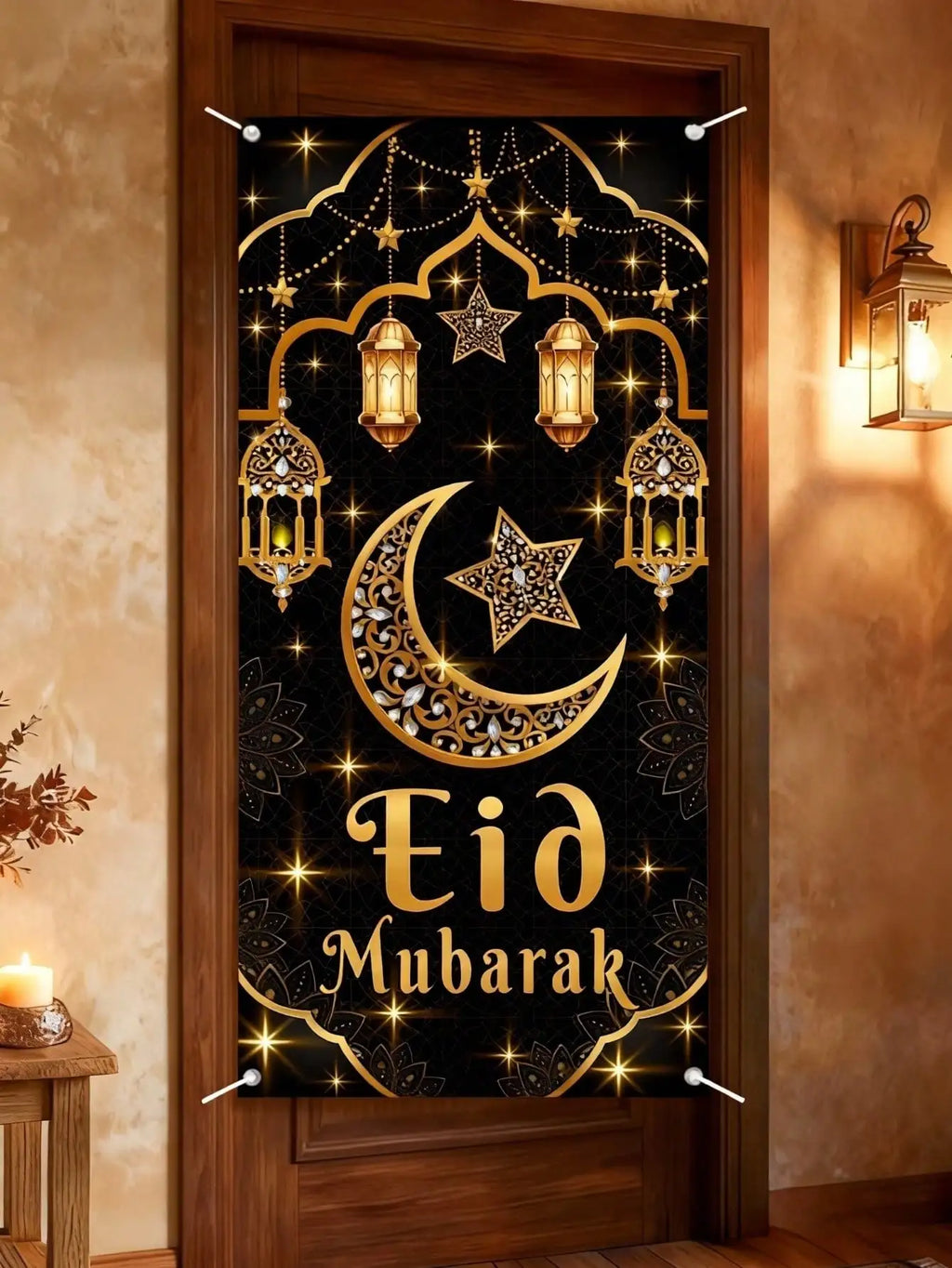 1 Piece Eid Mubarak Door Curtain Black Gold Star and Moon Lantern Decoration Hanging Curtain Islamic Style Festival Door Decoration Hanging Cloth