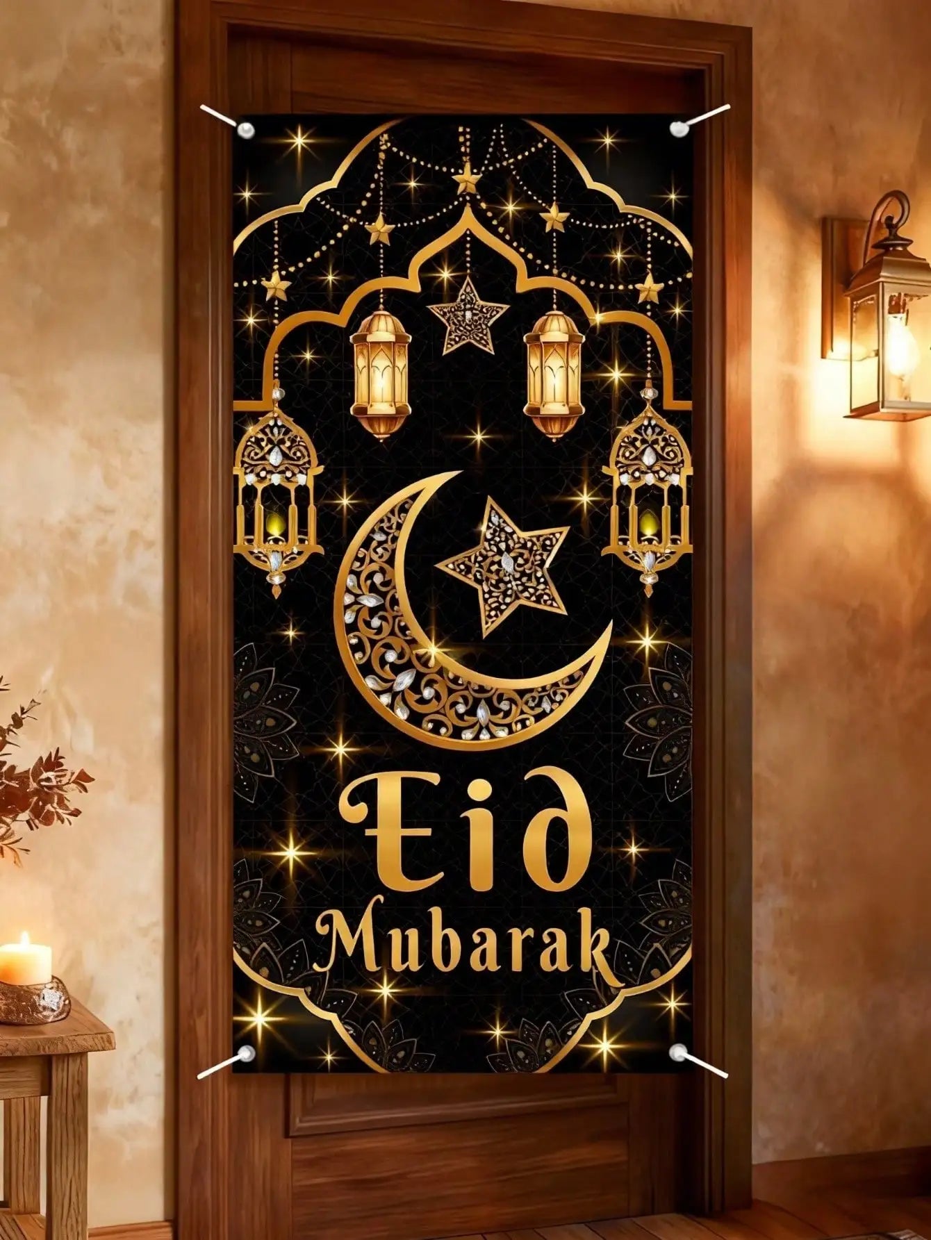 1 Piece Eid Mubarak Door Curtain Black Gold Star and Moon Lantern Decoration Hanging Curtain Islamic Style Festival Door Decoration Hanging Cloth