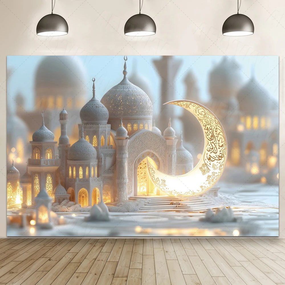 Ramadan Eid Mosque Photo Booth Backdrop Customizable Islamic Party Decoration Green Gold Banner Photography Studio Background